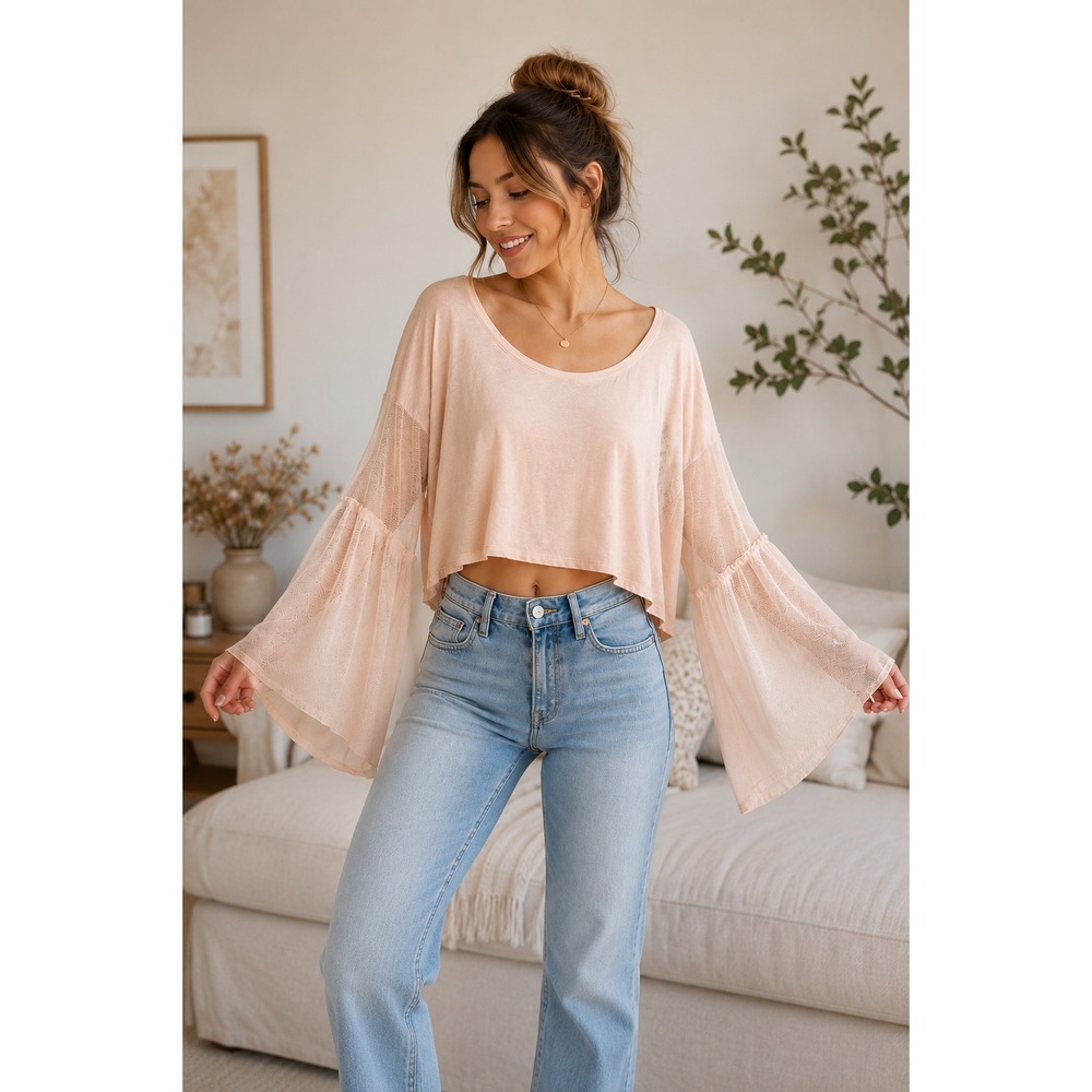 Free People Still Got It Bell Sleeve Top Blush Pink Boho Sheer Mesh Oversized S